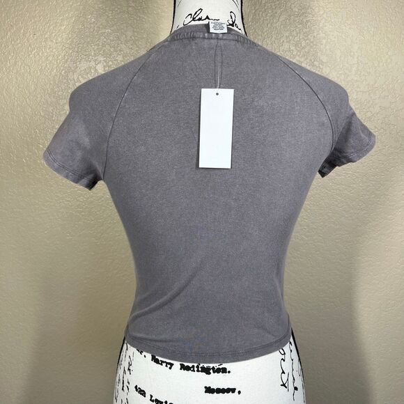 Just Polly Grey Crew neck Ruched-Front Baby Tee T-Shirt size M  Brooklyn casual - Picture 10 of 11